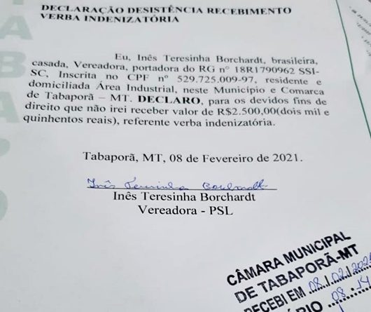 Em Tabaporã, vereadora abre mão de verba indenizatória de R$ 2,500 mensal